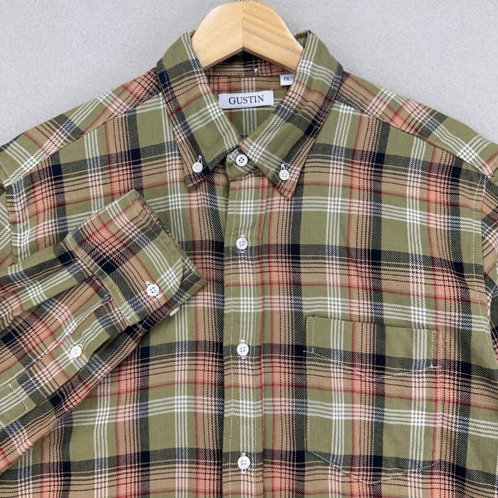 Gustin Plaid Flannel Shirt Mens L Button Down‎ Long Sleeve Green Cotton USA